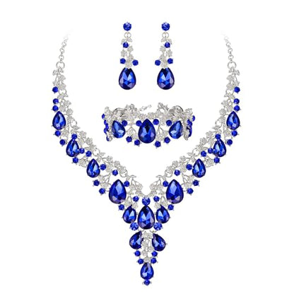 Wedding Bridal Necklace Earrings Jewelry Set for Women | Gorgeous Austrian Crystal Teardrop Flower Cluster for Bridal Bride Bridesmaid - color: 3Pcs-Blue Silver-Tone