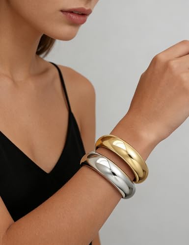 Chunky Gold Bangle Bracelets for Women, Dainty 14k Gold Plated Big Stackable Bangles Set, Trendy Statement Cuff Bracelet Stack Fashion Jewelry Gifts - style: 2 Silver & gold chunky bangles