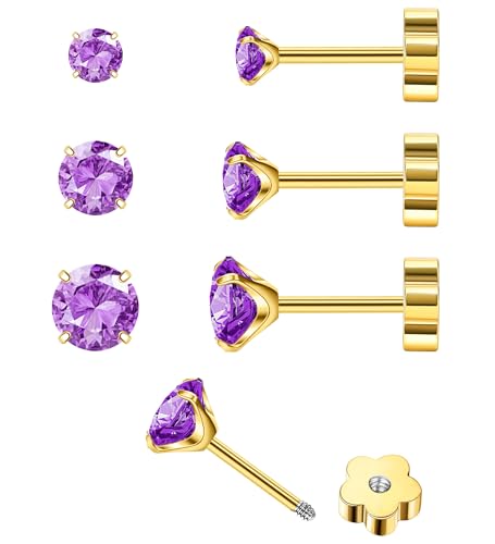 14K Gold CZ Flat Back Earrings for Women Hypoallergenic Cartilage Cubic Zirconia Earrings Studs 20G Handmade Nap Screw Back Earrings for Helix Conch Multiple Piercing - color: Purple-CZ