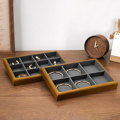 Oirlv Wood Jewelry Tray 6-Compartment Dark Grey | Dark Grey Solid Wood Frame, Soft Microfiber Lining, 9.84X17X1.18in with 6 Compartments, Holds Rings/Earrings/Bracelets - color: Grey, size: 6 grid