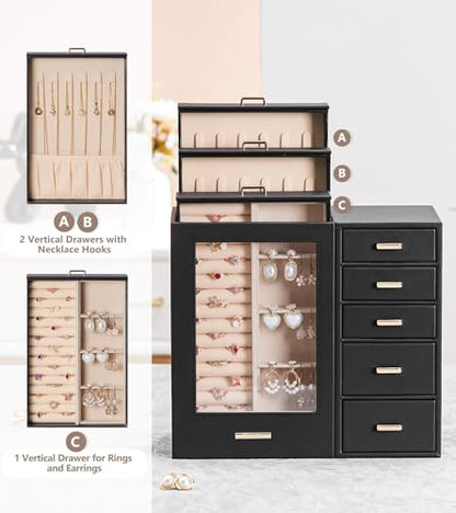 Homde Large Jewelry Box/Organizer/Case with Glass Window, Drawers for Necklaces Earrings Rings Bracelets Watches Gift for Women Girls - color: Black