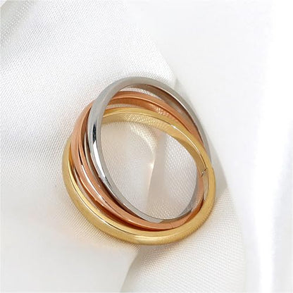 Interlocked Rolling Anxiety Fidget Ring for Women Men Stainless Steel Gold Siver Rose Triple Row Rolling Interlocking Statement Finger Rings Stress Relief Band Stacking Fashion Promise Jewelry - size: 8