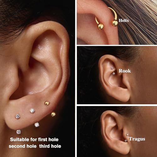 Titanium Horseshoe Nose Ring 20g, Gold Silver Nose Rings Hoops with Double CZ Gems Hypoallergenic Septum Ring for Women Men, Small Cartilage Helix Tragus Daith Labret Piercing Jewelry 7mm 8mm 9mm - color: Gold-Ball+CZ+AB