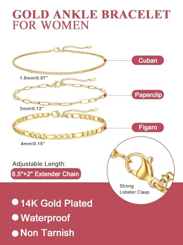 FOCALOOK Anklet Bracelets Set for Women, 14K Gold Plated Layered Anklet Set | Adjustable for Large Ankle, Cuban/Snake/Figaro/Paperclip Chain, Waterproof & Non Tarnish for Everyday Wear, Beach & Summer - color: C:3Pcs-Cuban/Paperclip/Figaro-Gold