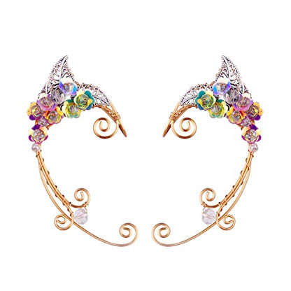 Elf Ear Cuffs, OwMell Handcraft Silver Pointed Fairy Elven Cosplay Fantasy Costume Bridal Wedding Earrings for Non Pierced Ears - style: Colorful Flowers