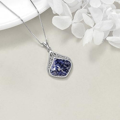 YAFEINI Teardrop Necklace Sterling Silver Filigree Irish Pendant Necklace Natural Stone Moonstone/Lapis Lazuli/Larimar/Moss Agate Necklace Jewelry - color: Light Lapis lazuli teardrop necklace
