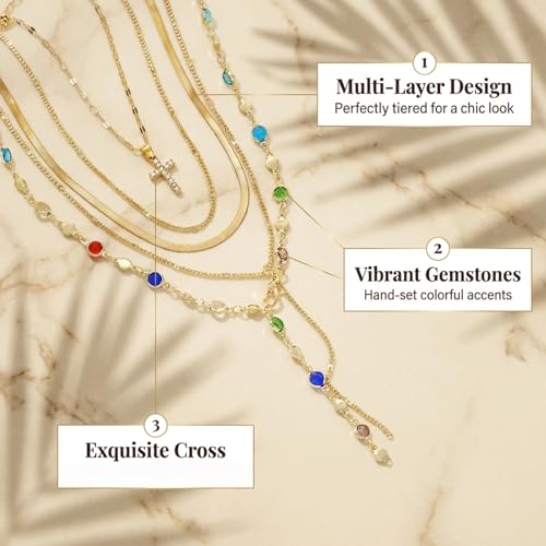 QCWN Gold Layered stacked Necklaces for women 3PS Chunky Statement Necklaces Stack Mixed Metal Charm Necklace for Women Trendy Coin Jewelry Gift for Her Gifts - style: Layered stack 10