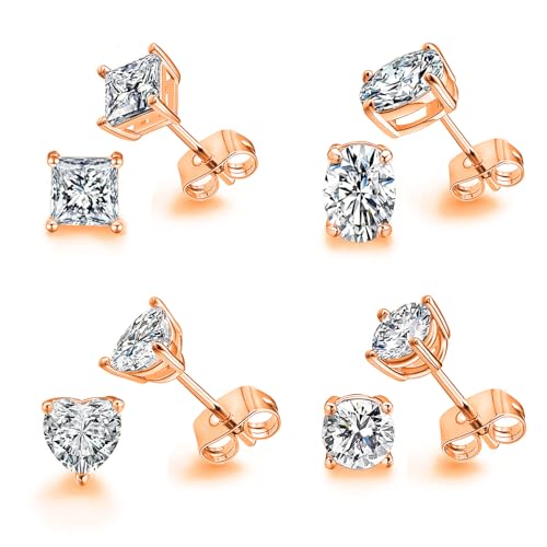 CZ Stud Earrings Set 4 Pairs, Multiple Shapes - Round Heart Princess Cut Oval Clear Cubic Zirconias, White Gold/Rose Gold/Gold - color: Rose Gold