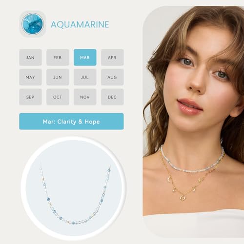 ARSIS Genuine Beaded Gemstone Necklace for Women, Colorful Natural Stone Handmade Bead Choker, Personalized Birthstone Necklace, Boho Summer Beach Necklace Layering Stackable Jewelry Gift - color: Aquamarine (March)