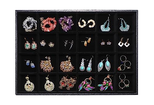 Wudygirl Earring Organizer Leather Jewelry Tray for Drawer 13.7"x9.4" Black | 24 Grid Jewelry Organizer with Velvet Liner, Jewelry Tray for Storage, Ideal for Dresser Drawer, Gift Giving, Stackable - color: Black 24 Grid, size: 1 Pcs
