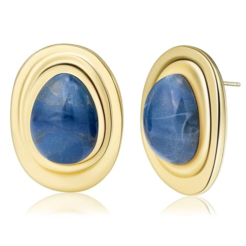 Resin Statement Chunky Gold Drop Earrings Big Vintage Colorful Oval Stud | Acrylic Teardrop Boho Hypoallergenic Jewelry Unique Everyday Funky Vacation Cool Large Oversized Bold Outfit for Women Trendy - color: Navy Blue