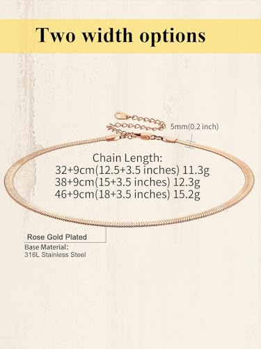 ChainsHouse Flat Snake Chain Herringbone Choker Necklace for Women, Stainless Steel/Rose Gold/18K Gold Plated Dainty Adjustable Simple Short Layered Necklaces, 12"/15"/18" with 3.5" Extender - color: a. rose gold-5mm