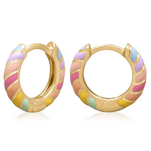 14K Gold Plated Sterling Silver Enamel Color Huggie Hoop Earrings for Women – Wide Range of Vibrant Color Options Available - color: Rainbow / Multi 2