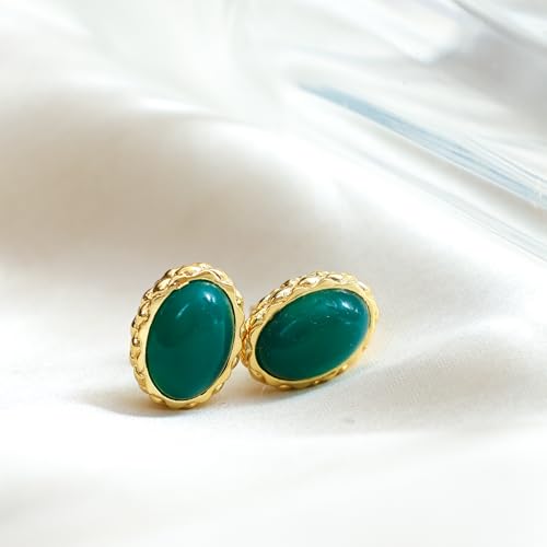 Gempires Bold Oval Gemstone Stud Earrings for Women – Natural Healing Stone Jewelry 14K Gold-Plated Hypoallergenic Tarnish-Resistant – Bold Statement Studs Gift for Her - style: Green Onyx