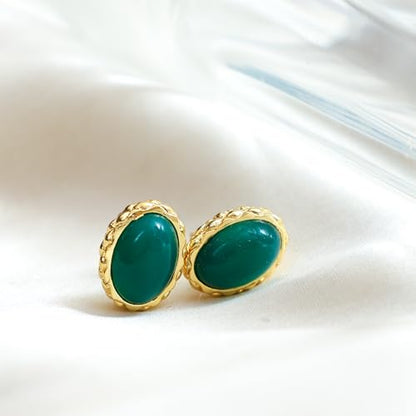 Gempires Bold Oval Gemstone Stud Earrings for Women – Natural Healing Stone Jewelry 14K Gold-Plated Hypoallergenic Tarnish-Resistant – Bold Statement Studs Gift for Her - style: Green Onyx
