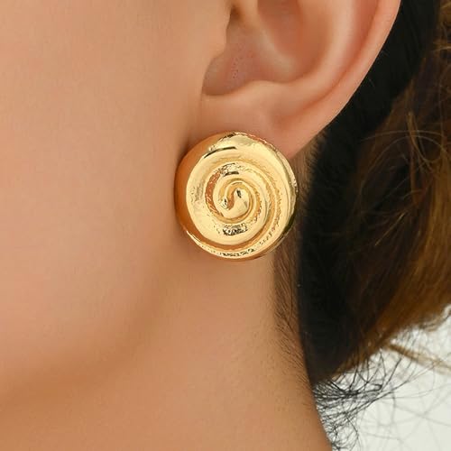 REELMAR Chunky Geometric Clip On Earrings for Women Trendy Gold-Plated Thick Hammered Rectangle Dupes Earrings Minimalist Statement Earrings No Piercing Clips - color: Gold-Circle