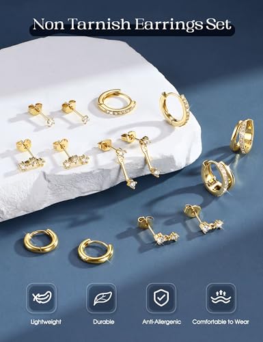 ADRAMATA Hypoallergenic Gold Earrings Stack for Women - 7Pairs Surgical Steel Small Chunky Huggie Hoops & Flat Back Stud Earrings Set Silver Cartilage Jewelry Trendy Christmas Gifts - style: Stylish - Gold