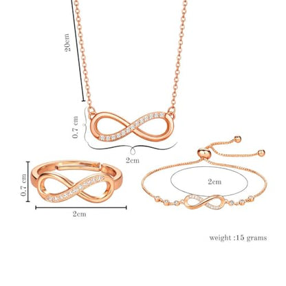Nilu's Collection Infinity Shape Cubic Zirconia Diamond Bracelet for Women, Jewelry for Gift, Adjustable Charm Bracelet (Rose Gold Necklace + Bracelet) - color: Rose Gold Pendant+ Bracelet+Ring