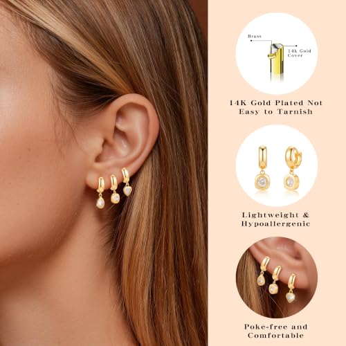 3Pcs Dangle Earrings for Women 14K Gold/Silver small Drop Earring Huggie Hoop Hypoallergenic Cubic Zirconia Cute Charm Non Tarnish Teardrop Trendy Jewelry Gifts for Women - color: Gold