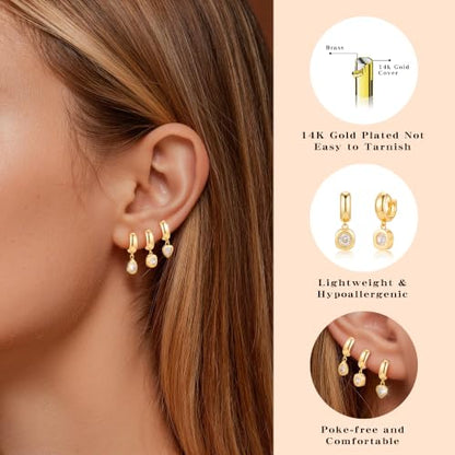 3Pcs Dangle Earrings for Women 14K Gold/Silver small Drop Earring Huggie Hoop Hypoallergenic Cubic Zirconia Cute Charm Non Tarnish Teardrop Trendy Jewelry Gifts for Women - color: Gold