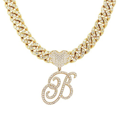 Initial Necklaces Silver Cuban Link Chain for Women Iced Out Chain with Heart Letter Pendants Custom Chain Name Necklace Hip Hop Jewelry Gift - color: B Gold