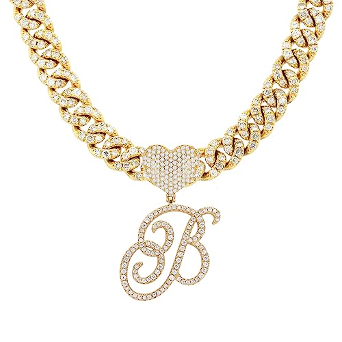 Initial Necklaces Silver Cuban Link Chain for Women Iced Out Chain with Heart Letter Pendants Custom Chain Name Necklace Hip Hop Jewelry Gift - color: B Gold