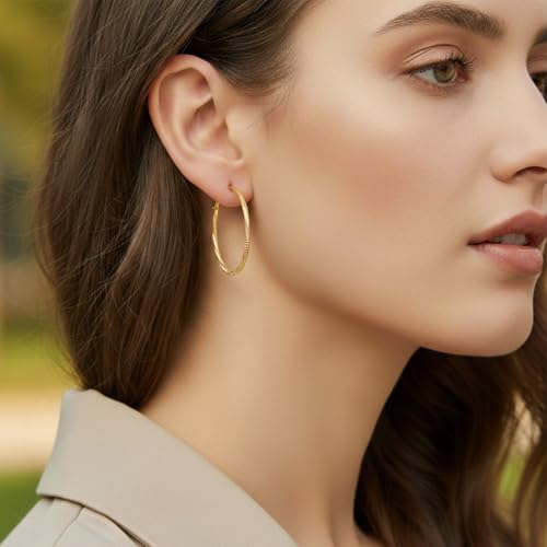 14K Gold/Silver Plated Twisted Hoop Earrings for Women - Sparkly Diamond-Cut Large Hoops with 925 Sterling Silver Post, Lightweight Hypoallergenic Trendy Jewelry Gifts (30mm / 40mm) - size: Gold 40mm