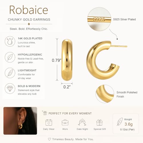 Robaice Chunky Huggie Earring for Women，14K Gold Plated Hoop Earrings | Gold Huggie 925 Sterling Silver Post Earrings, Statement Trendy Hoop Earring，Fashion Lightweight Jewelry Gifts for Women - color: Gold-F