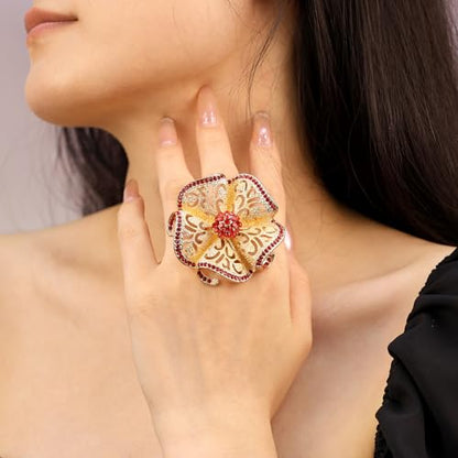 Elegant Big Crystal Flower Ring for Women Gold Rhinestone Floral Rings Open Finger Adjustable Crystal Flower Statement Ring Jewelry for Bridal Wedding - color: Flower 1 - red