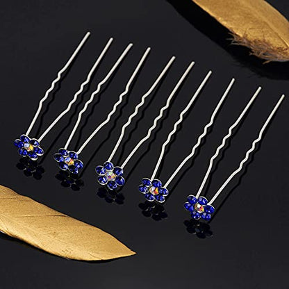 QIUTIMIY 20 Pack (Navy) Crystal Flower Hair Pins Rhinestone Hair Clips for Bridal Wedding Women Hair Jewelry Accessories, with Clear Container - color: Crystal Flower-Navy