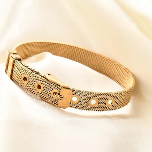 JAJAFOOK 2PCS Stainless Steel Mesh Belt Buckle Bracelet Set, Silver & Gold Tone Adjustable Wire Bangle, Modern Designer Cuff for Men and Women