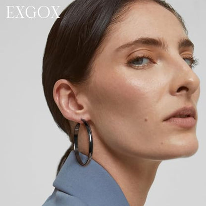 EXGOX 5mm Wide Gold Hoop Earrings for Women,Sterling Silver Hoop Earrings Large Silver Hoop Earrings Hypoallergenic Lightweight 14K Real Gold Plated Big Hoop Earrings for Women 30/40/50/60/70mm - color: Black Hoop-50mm