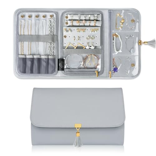 MATEIN Jewelry Travel Organizer for Women, Tangle Free Jewelry Storage Bag | Roll Envelope Clutch, Leather, Waterproof, Lightweight, Portable, Jewelry Case Holder, Necklaces Rings Earrings Bracelets - color: Grey