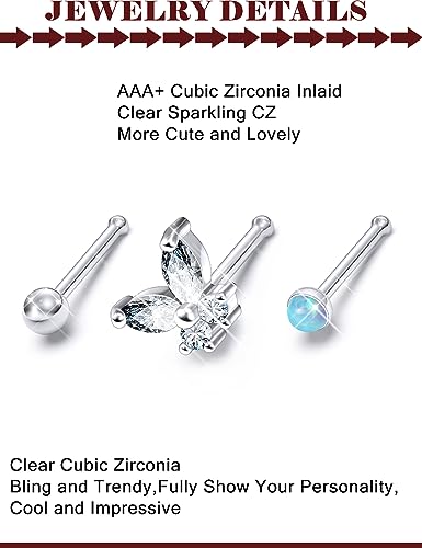 Prjndjw 20G 18G Nose Rings Studs Surgical Steel Nose Stud Glow Dark Heart Opal CZ Flower Nose Piercing Jewelry Nose Rings for Women Straight Screw L Shaped Nose Rings Hypoallergenic Nose Piercing Kit - color: 18G-Straight Bar Nose rings