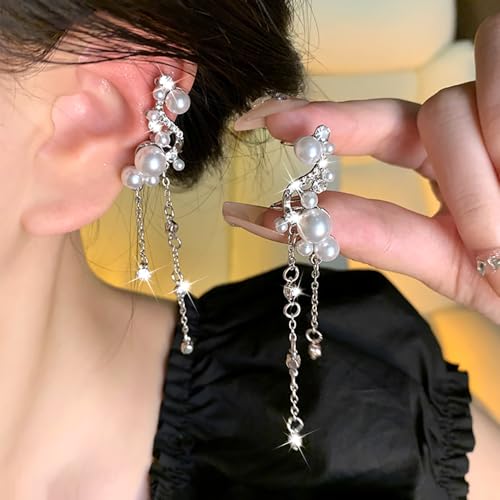 Pearl Long Tassel Ear Cuff Earrings for Women Sparkly Pearl Clip On Cartilage Earring Crystal Chain Pearls Non Piercing Statement Earring Jewelry Gift