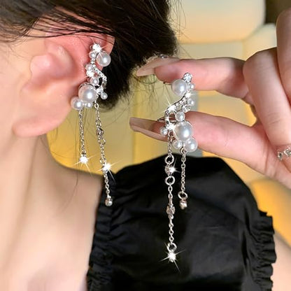 Pearl Long Tassel Ear Cuff Earrings for Women Sparkly Pearl Clip On Cartilage Earring Crystal Chain Pearls Non Piercing Statement Earring Jewelry Gift