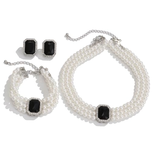 Wekicic Faux Pearl Necklace Earrings Set for Women Crystal Pearl Choker Necklace Bracelet Set 1920s Jewelry for Wedding Party - color: Black