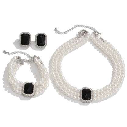 Wekicic Faux Pearl Necklace Earrings Set for Women Crystal Pearl Choker Necklace Bracelet Set 1920s Jewelry for Wedding Party - color: Black