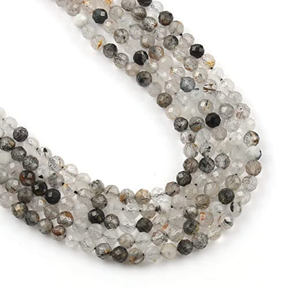 180pcs 2mm Natural Black Rutilated Quartz Gemstone Beads Faceted Round Loose Stone Beads for Jewelry Making (1 Strand) - color: Black Rutilated Quartz, size: 1.9-2.4mm