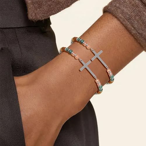 BROCC 9PCS Cross Christian Bracelets for Women | Christian Inspirational,Adjustable 4MM Beaded,Healing Natural Stone,Confirmation Baptism Easter Gifts - color: B