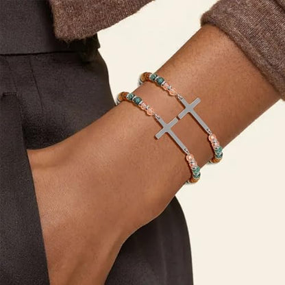 BROCC 9PCS Cross Christian Bracelets for Women | Christian Inspirational,Adjustable 4MM Beaded,Healing Natural Stone,Confirmation Baptism Easter Gifts - color: B