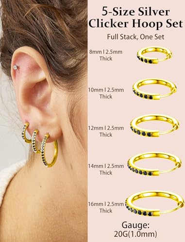 5 Pairs Huggie Hoop Earrings, Cubic Zirconia 14K Gold-Plated 316L Surgical Steel, Hypoallergenic Lightweight Design for Women & Men Cartilage & Multi-Piercing Stacking(13-21mm) - color: D+gold+black