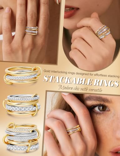 18K Gold Plated Stackable Rings for Women CZ Mixed Metal Statement Rings Set Non Tarnish Interlocked Stacked Ring Unique Connected Band Thumb Ring Fashion Multi-layer Wedding Ring Jewelry Size 6-10 - style: Gold Style A