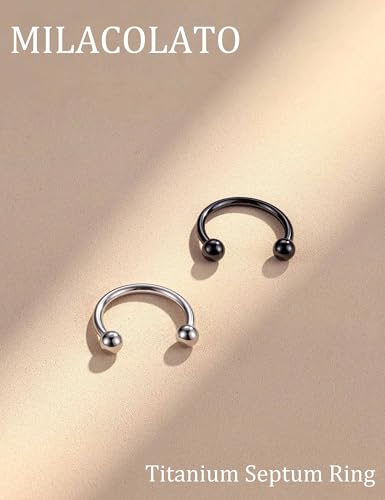 MILACOLATO 2Pcs Implant Grade Titanium Septum Rings for Women Men 16G | G23 Solid Titanium Internally Threaded Horseshoe Circular Barbell Piercing Jewelry for Nose Lip Tragus Eyebrow Helix Daith - color: 2pcs-black&steel-16g/12mm