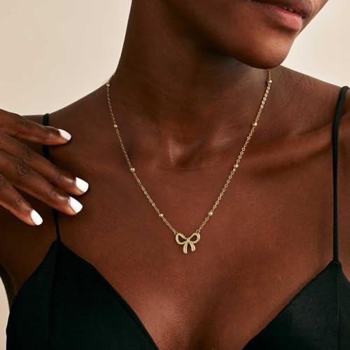 Thaivor Necklace for Women Dainty Bow Necklace 14K Gold Plated Cute Choker Small Pendant Charm Necklaces Teen Gift Trendy Stuff Personalized Jewelry Gifts - color: Gold-Bead-2