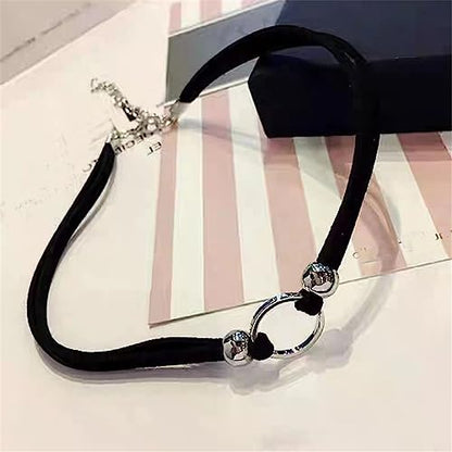 PAURO Women's Black Velvet Ribbon Choker Necklace for with Gold/Silver O | Stainless Steel,Classic Charm Jewelry - color: Round-Silver