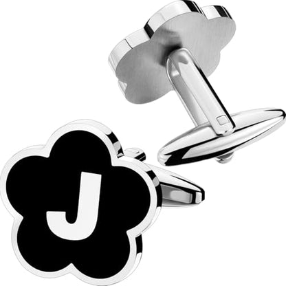 Initial Cufflinks for Men, Black Silver Letter Personalized Shirts CuffLinks,Stainless Steel Cuff Links,Gifts for Wedding Party Business Valentine - style: Letter J