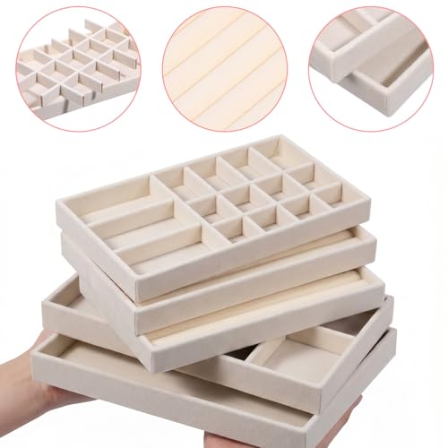 10 Pack Velvet Jewelry Trays – Stackable Drawer Organizer Inserts, Beige Jewelry Storage and Display Trays for Necklaces, Rings, Earrings & Bracelets