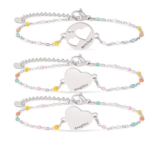 DS Mother Daughter Matching Bracelets,Adjustable Stainless Steel Gift Set | mother’s Day & Birthday Gift Box,Heart Charm,Mommy & Me Style,18K Gold Plated,Hypoallergenic,Daily Wear,Fits Women Teen Girls - color: Silver-5