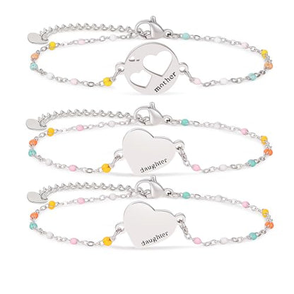 DS Mother Daughter Matching Bracelets,Adjustable Stainless Steel Gift Set | mother’s Day & Birthday Gift Box,Heart Charm,Mommy & Me Style,18K Gold Plated,Hypoallergenic,Daily Wear,Fits Women Teen Girls - color: Silver-5